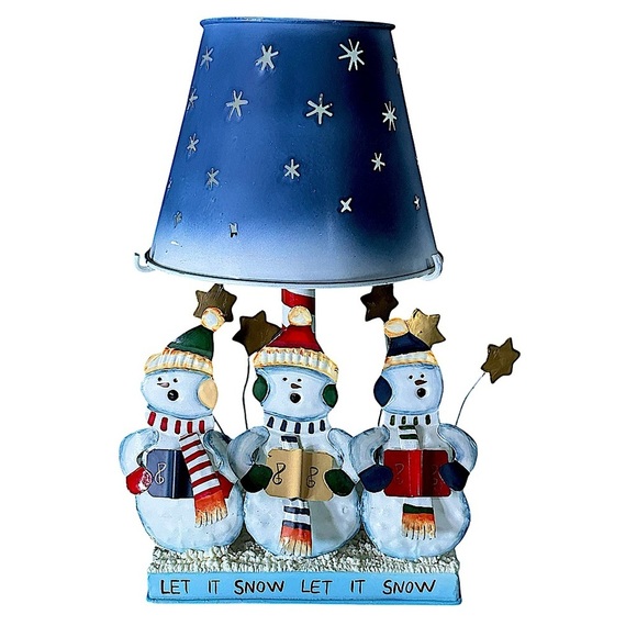 Vintage Tea Light Lamp Snowmen Caroling Pierced Metal Blue Shade Large 12 Inch - Picture 2 of 16
